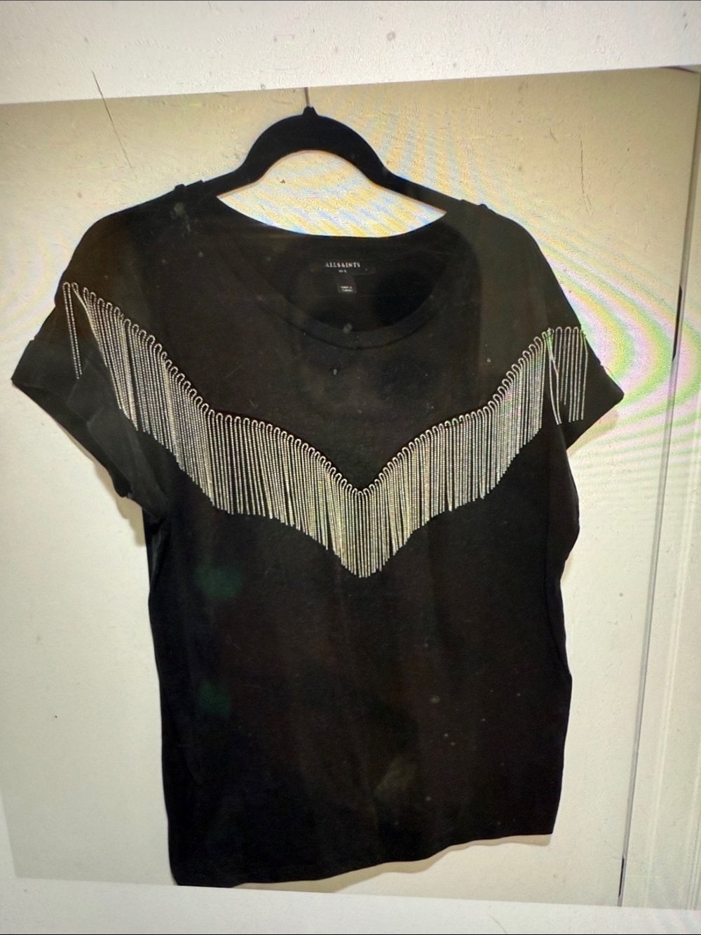 All Saints Black Tee with Silver Chain Fringe IMO